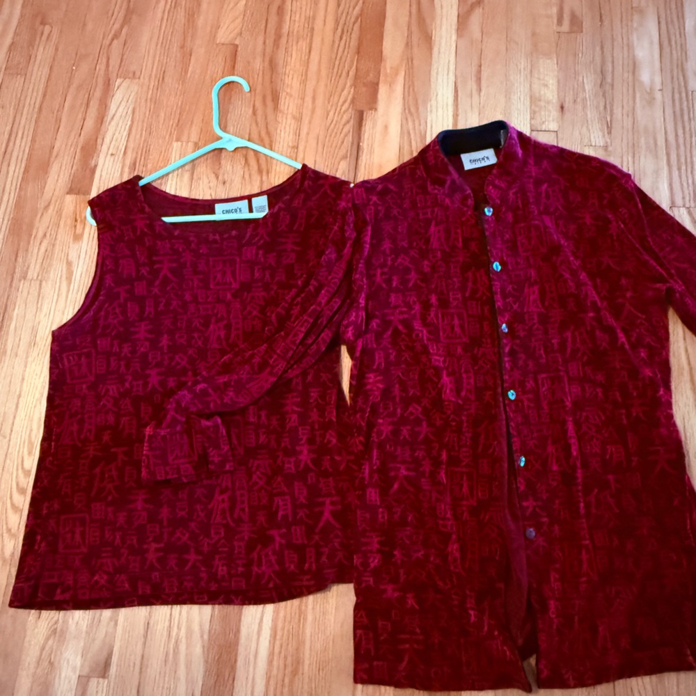 Deep Red with Black Accents Button-Up Sweater and Tank  Set. Chicos Size 1
